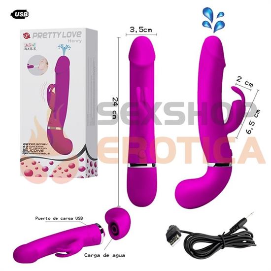 Vibrador con estimulador de clitoris USB y lanzador de liquidos